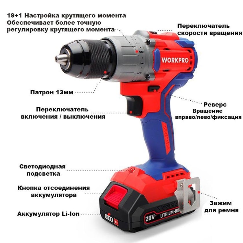 Аккумуляторная дрель-шуруповерт WorkPro WP390002