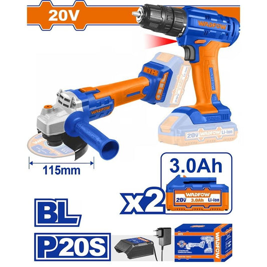 Набор шуруповерт и угловая шлифовальная машина Wadfow WCK20512, 20V, 2 шт